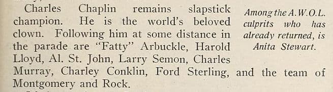Newspaper clipping: "Charles Chaplin remains slapstick champion. He is the world's beloved clown. Following him at a distance in the parade are "Fatty" Arbuckle, Harold Lloyd, Al St. John, Larry Semon, Charles Murray, Charley Conklin, Ford Sterling, and the team of Montgomery and Rock.